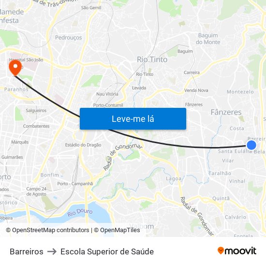 Barreiros to Escola Superior de Saúde map