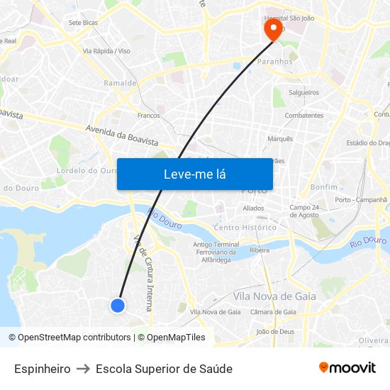 Espinheiro to Escola Superior de Saúde map