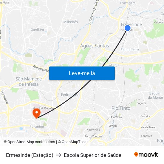 Ermesinde (Estação) to Escola Superior de Saúde map