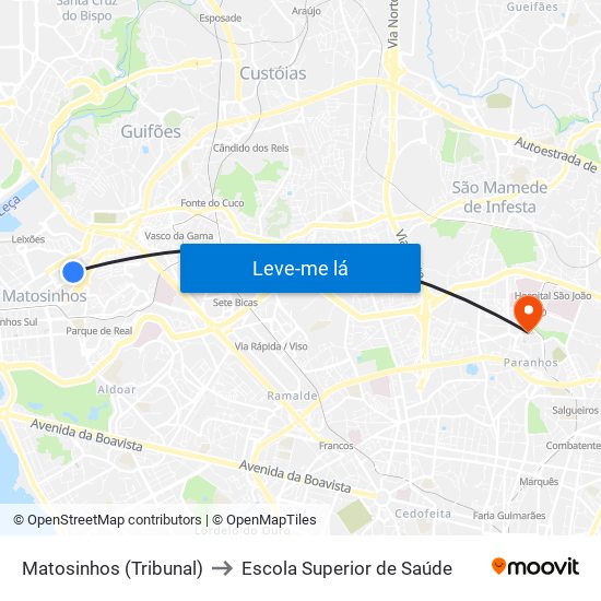 Matosinhos (Tribunal) to Escola Superior de Saúde map