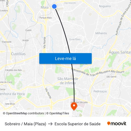 Sobreiro / Maia (Plaza) to Escola Superior de Saúde map
