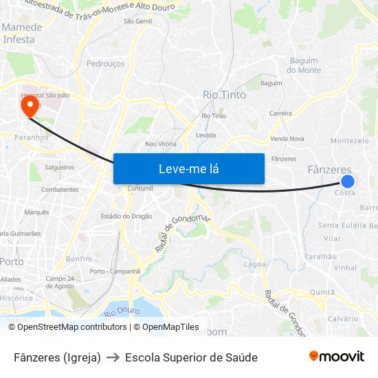 Fânzeres (Igreja) to Escola Superior de Saúde map