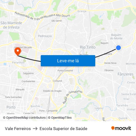 Valferreiros to Escola Superior de Saúde map