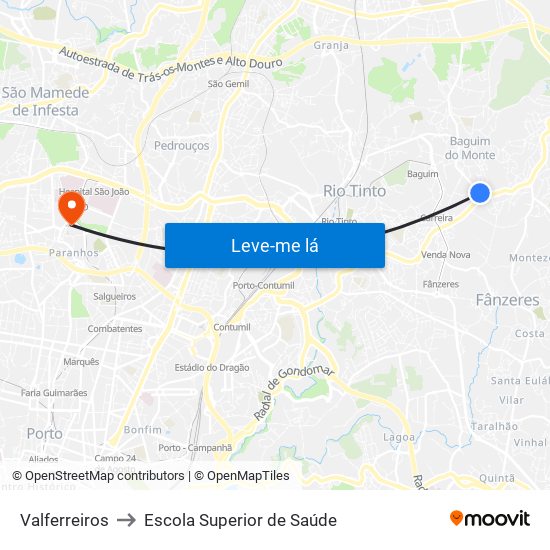 Valferreiros to Escola Superior de Saúde map