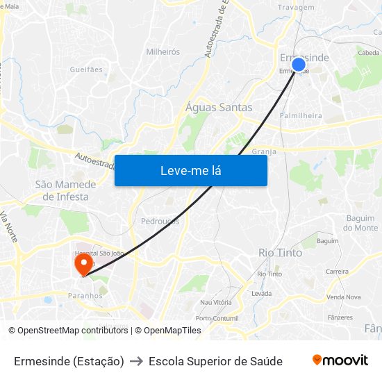 Ermesinde (Estação) to Escola Superior de Saúde map