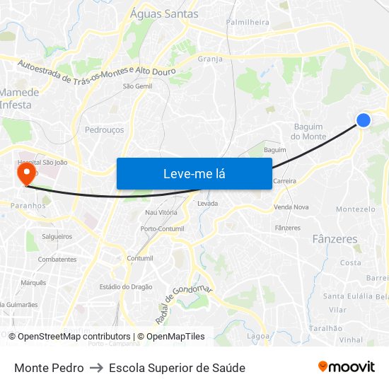 Monte Pedro to Escola Superior de Saúde map