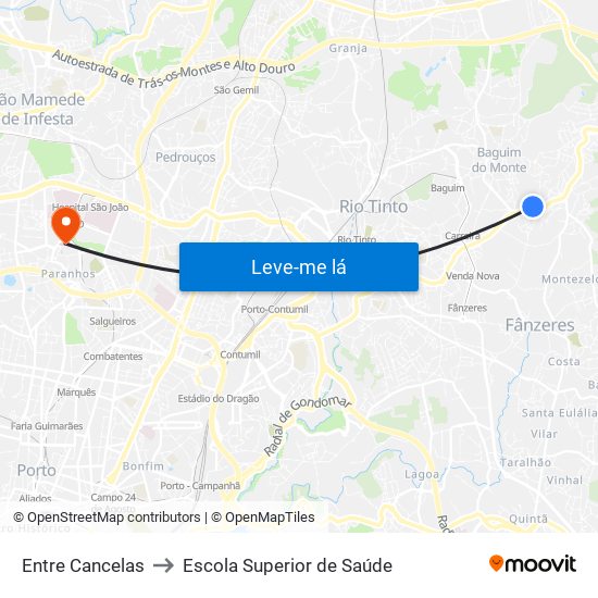 Entre Cancelas to Escola Superior de Saúde map