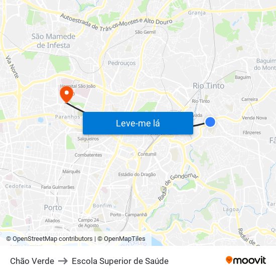 Chão Verde to Escola Superior de Saúde map