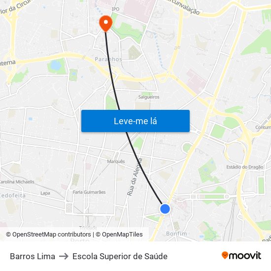 Barros Lima to Escola Superior de Saúde map