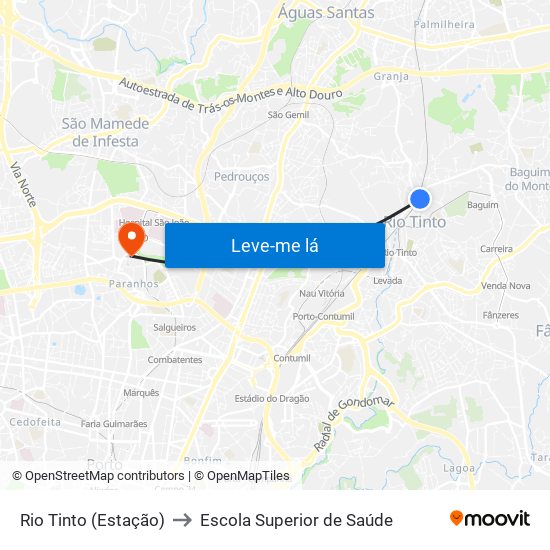 Rio Tinto (Estação) to Escola Superior de Saúde map