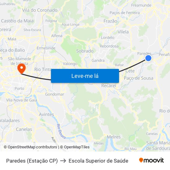 Paredes (Estação CP) to Escola Superior de Saúde map