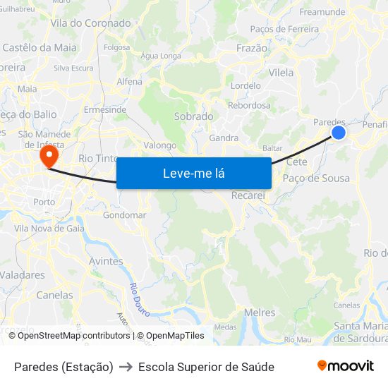 Paredes (Estação) to Escola Superior de Saúde map