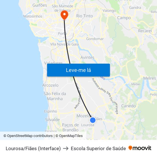 Lourosa/Fiães (Interface) to Escola Superior de Saúde map