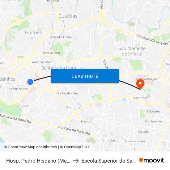 Hosp. Pedro Hispano (Metro) to Escola Superior de Saúde map