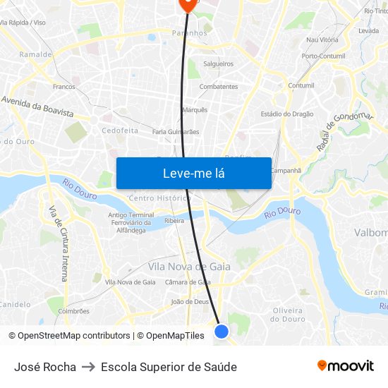 José Rocha to Escola Superior de Saúde map