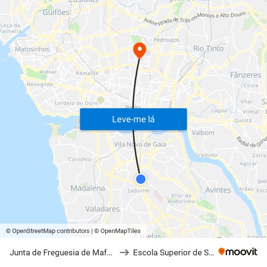 Junta de Freguesia de Mafamude to Escola Superior de Saúde map