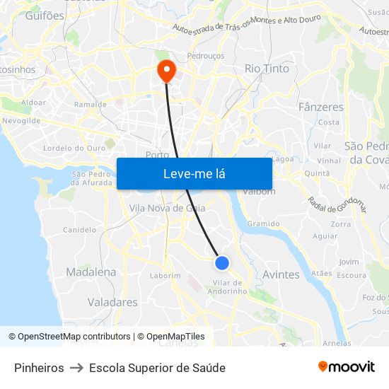 Pinheiros to Escola Superior de Saúde map