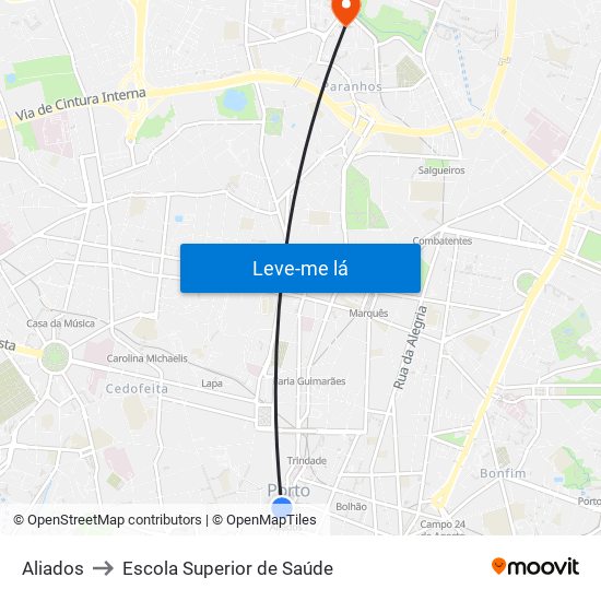 Aliados to Escola Superior de Saúde map