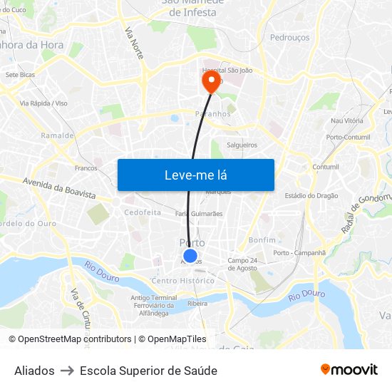 Aliados to Escola Superior de Saúde map