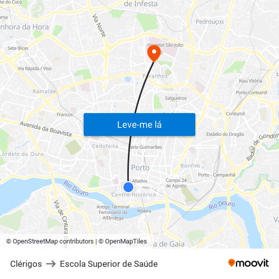 Clérigos to Escola Superior de Saúde map