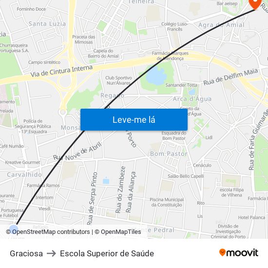 Graciosa to Escola Superior de Saúde map