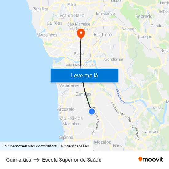 Guimarães to Escola Superior de Saúde map