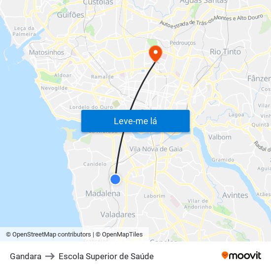 Gandara to Escola Superior de Saúde map