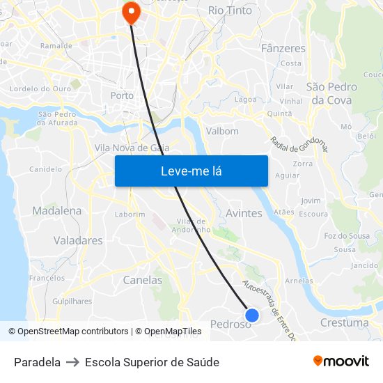 Paradela to Escola Superior de Saúde map