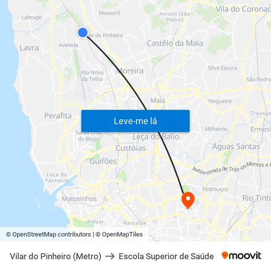 Vilar do Pinheiro (Metro) to Escola Superior de Saúde map