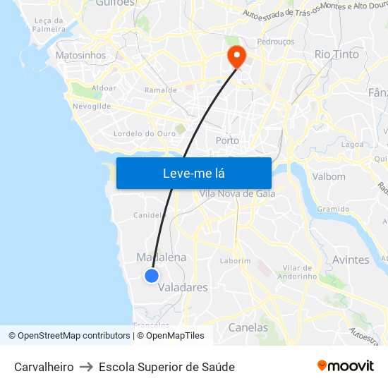 Carvalheiro to Escola Superior de Saúde map