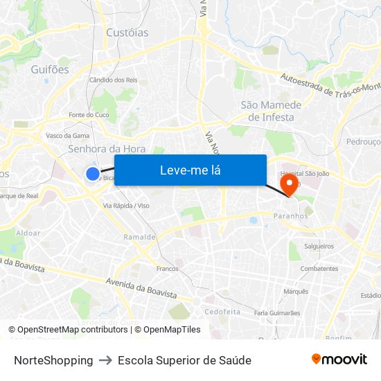 NorteShopping to Escola Superior de Saúde map