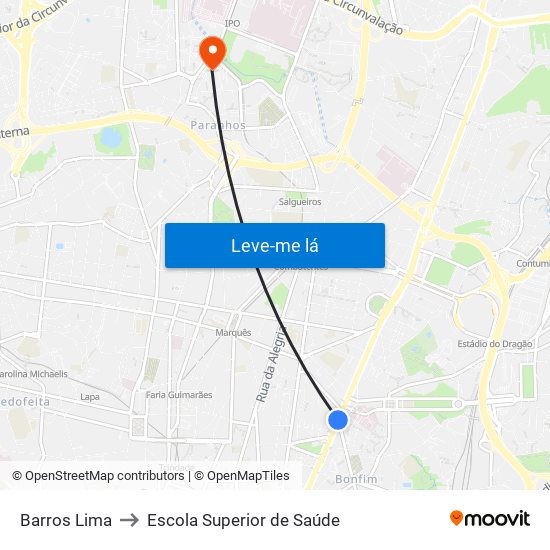 Barros Lima to Escola Superior de Saúde map