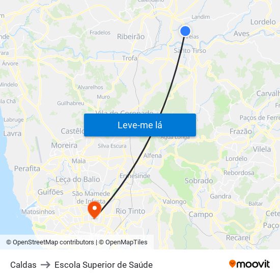 Caldas to Escola Superior de Saúde map