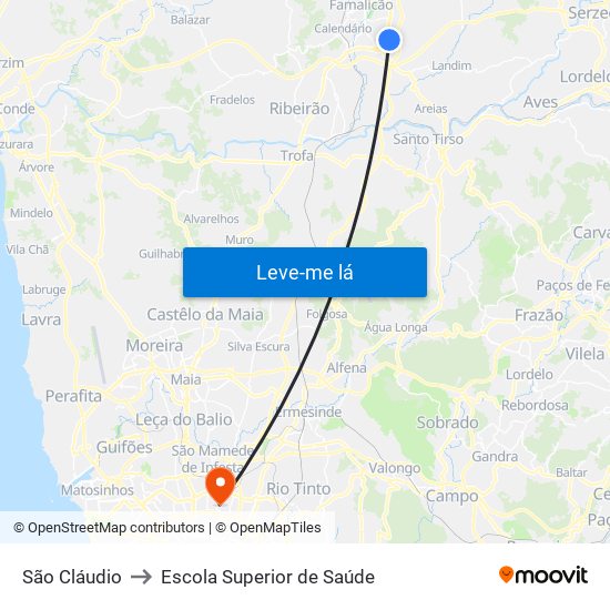 São Cláudio to Escola Superior de Saúde map