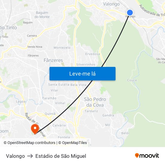 Valongo to Estádio de São Miguel map