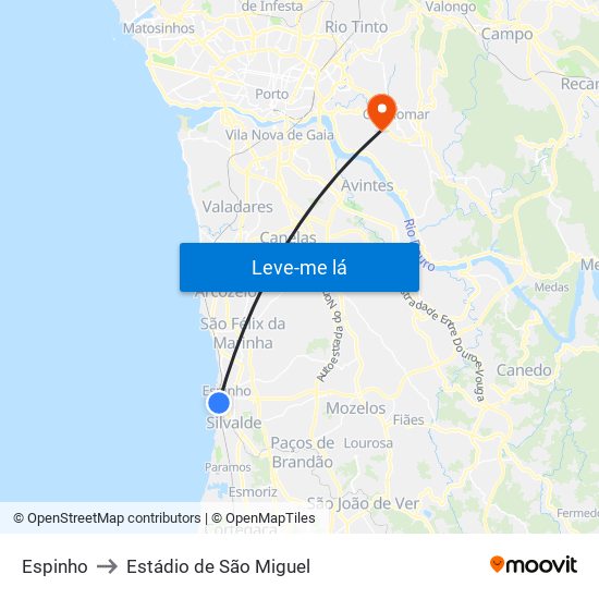 Espinho to Estádio de São Miguel map