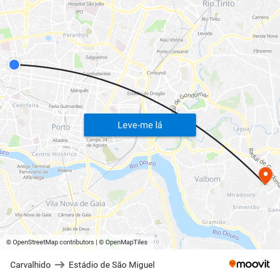 Carvalhido to Estádio de São Miguel map