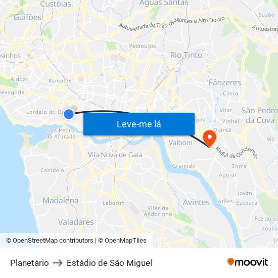 Planetário to Estádio de São Miguel map