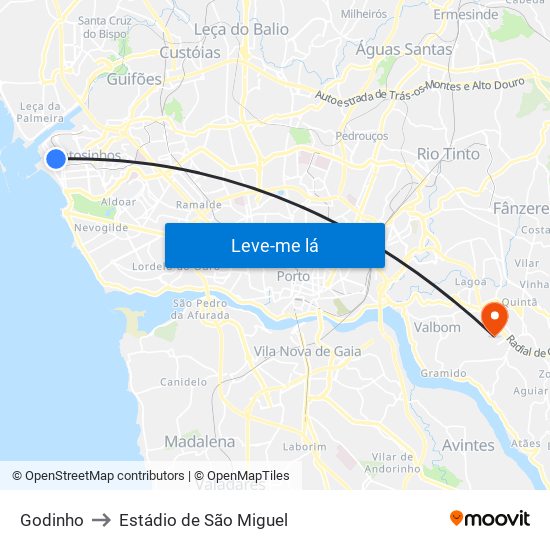 Godinho to Estádio de São Miguel map
