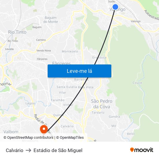 Calvário to Estádio de São Miguel map