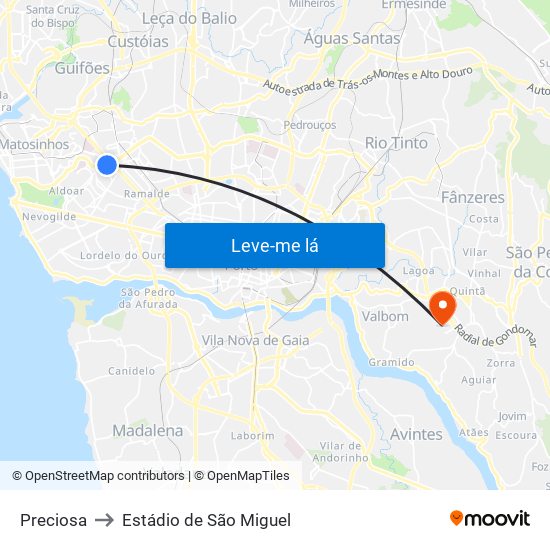 Preciosa to Estádio de São Miguel map