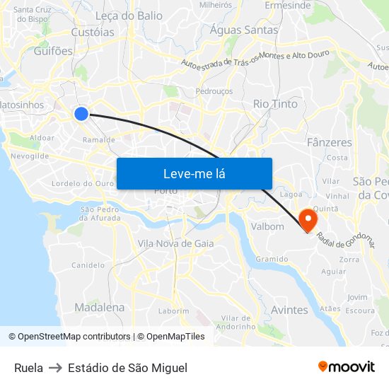 Ruela to Estádio de São Miguel map