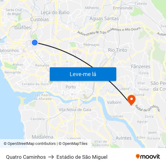 Quatro Caminhos to Estádio de São Miguel map