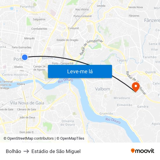 Bolhão to Estádio de São Miguel map