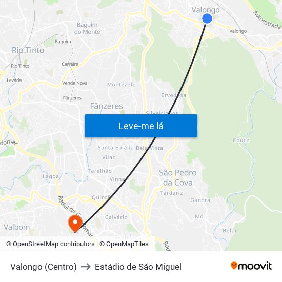 Valongo (Centro) to Estádio de São Miguel map