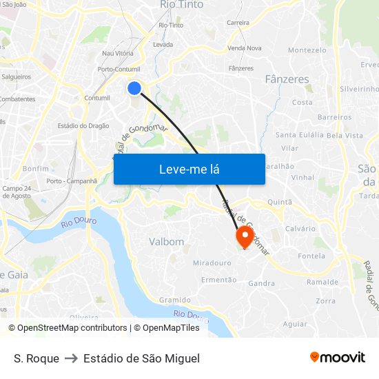 S. Roque to Estádio de São Miguel map