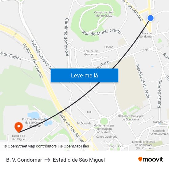 B. V. Gondomar to Estádio de São Miguel map