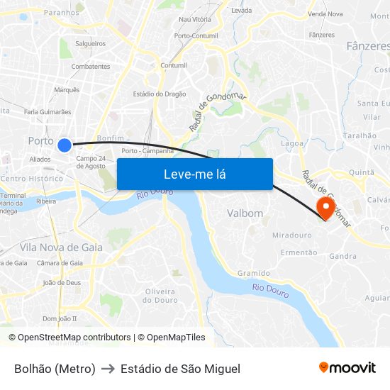 Bolhão (Metro) to Estádio de São Miguel map