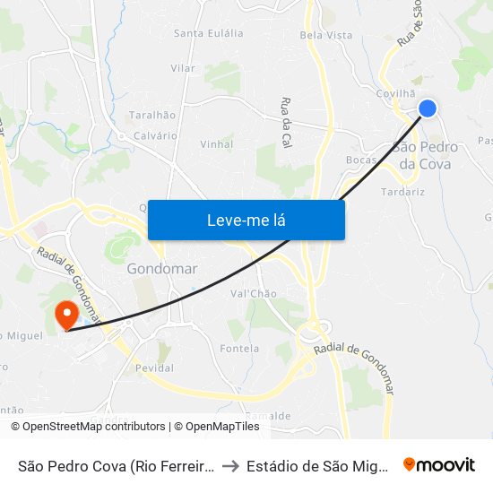 São Pedro Cova (Rio Ferreira) to Estádio de São Miguel map