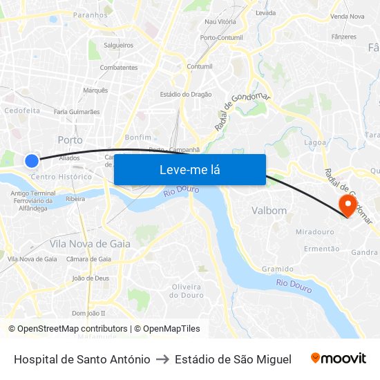 Hospital de Santo António to Estádio de São Miguel map